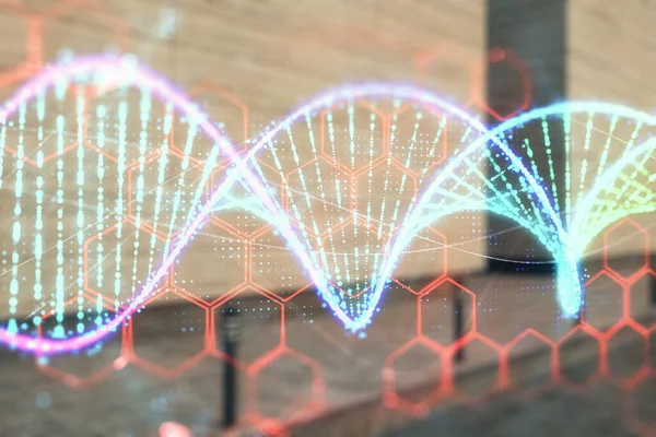 Double exposition de l'hologramme d'ADN sur fond extérieur vide. Concept d'éducation — Photo