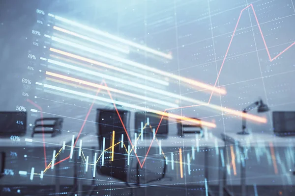 Stock och Bond Market Graph med Trading Desk bankkontor interiör på bakgrunden. Multiexponering. Begreppet finansiell analys — Stockfoto