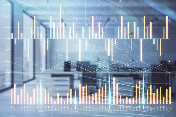 Stock and bond market graph with trading desk bank office interior on background. Multi exposure. Concept of financial analysis