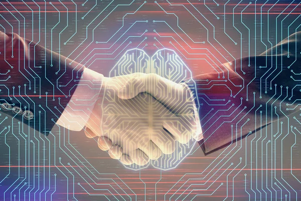 Multiexpozice lidského mozku na abstraktním pozadí se dvěma muži potřese rukou. Koncepce datové technologie v podnikání — Stock fotografie