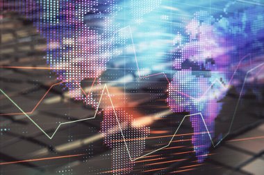 Dünya ve soyut arka plan ile finansal grafik hologram. Çifte pozlama. Piyasa analizi kavramı