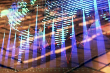 Dünya ve soyut arka plan ile finansal grafik hologram. Çifte pozlama. Piyasa analizi kavramı