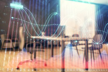 Minimalist kabine iç arka plan ile iş teması grafik hologram. Çift pozlama. Hisse senedi piyasası konsepti.