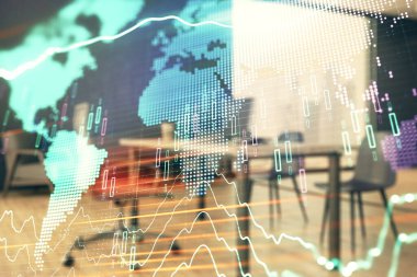 Harita ve minimalist kabine iç arka plan ile Forex grafik hologram. Çifte pozlama. Uluslararası iş kavramı.