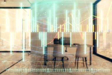 Minimalist kabine iç arka plan ile Forex grafik hologram. Çift pozlama. Hisse senedi piyasası konsepti.