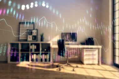 Minimalist kabine iç arka plan ile Forex grafik hologram. Çift pozlama. Hisse senedi piyasası konsepti.