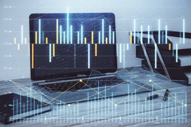 Hisse senedi piyasası grafik ve masaüstü ofis bilgisayar arka plan. Çok pozlama. Finansal analiz konsepti.