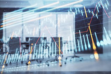 Konferans odası arka planda Forex çizelgesine çift pozlama. Hisse senedi piyasası analizi konsepti