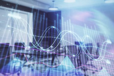 Konferans odası arka planda Forex çizelgesine çift pozlama. Hisse senedi piyasası analizi konsepti