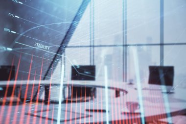 Konferans odası arka planda Forex çizelgesine çift pozlama. Hisse senedi piyasası analizi konsepti