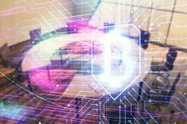 Konferans odası arka planda Blockchain tema hologramı. Çifte pozlama. Kripto para birimi kavramı