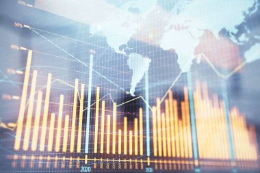 Konferans odası arka planda dünya hologram ile hisse senedi piyasası grafik çift pozlama. Uluslararası Finans konsepti