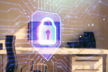 Masaüstü ofis arka planı ile kilit işareti hologram. Çift pozlama. Ağ koruma kavramı