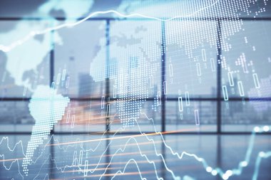 Boş oda iç arka plan üzerinde dünya haritası ile mali grafik çift pozlama. Uluslararası pazar konsepti.