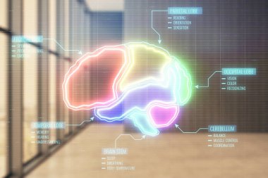 Boş odanın arka planında beyin ikonu hologramına çifte maruz kalma. Eğitim kavramı.
