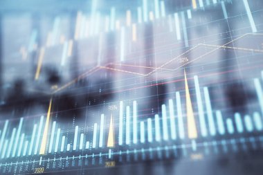 Arka planda ticaret masası banka Ofisi İç ile stok ve tahvil piyasa grafiği. Çok pozlama. Finansal analiz konsepti