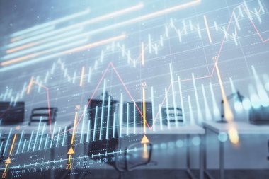 Arka planda ticaret masası banka Ofisi İç ile stok ve tahvil piyasa grafiği. Çok pozlama. Finansal analiz konsepti