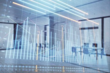 Arka planda ticaret masası banka Ofisi İç ile stok ve tahvil piyasa grafiği. Çok pozlama. Finansal analiz konsepti