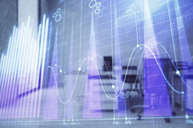 Ticaret masası banka ofisi iç arka planda stok piyasa şeması. Çift pozlama. Finansal analiz konsepti
