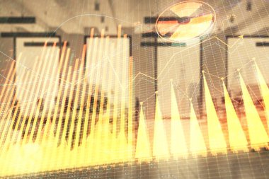 Ticaret masası banka ofisi iç arka planda stok piyasa şeması. Çift pozlama. Finansal analiz konsepti