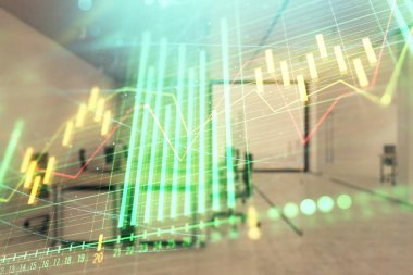 Ticaret masası banka ofisi iç arka planda stok piyasa şeması. Çift pozlama. Finansal analiz konsepti