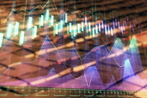 Ologramma grafico finanziario con sfondo astratto. Doppia esposizione. Concetto di analisi di mercato — Foto Stock