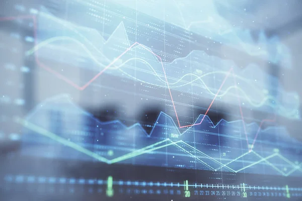 Gráfico de exposición múltiple del mercado de valores en el fondo de la sala de conferencias. Concepto de análisis financiero — Foto de Stock