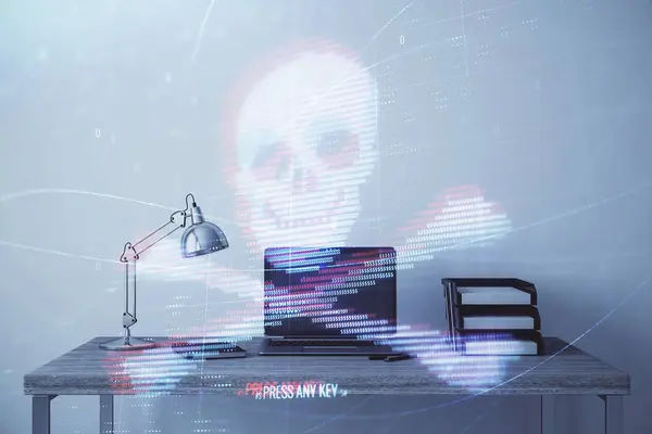 Hacking tema holograma con fondo de oficina de escritorio. Doble exposición . —  Fotos de Stock