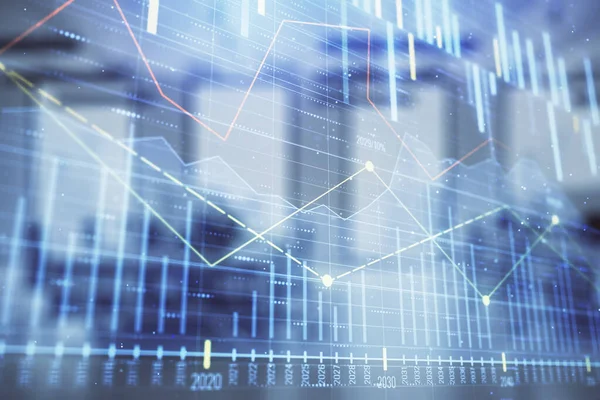 Börsdiagram med Trading Desk bankkontor interiör på bakgrunden. Dubbel exponering. Begreppet finansiell analys — Stockfoto