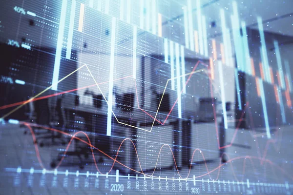 Börsdiagram med Trading Desk bankkontor interiör på bakgrunden. Dubbel exponering. Begreppet finansiell analys — Stockfoto