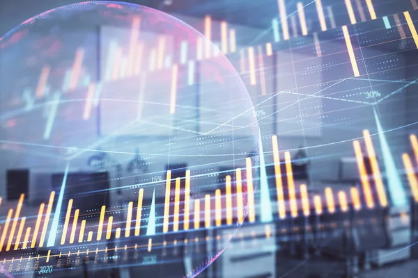 Stock and bond market graph and world map with trading desk bank office interior on background. Multi exposure. Concept of international finance