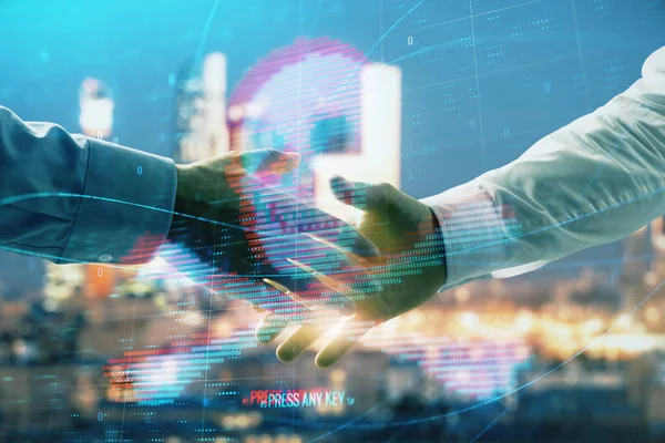 Multi exposure of digital crime theme hologram on city view background with two people handshake. Concept of securitization