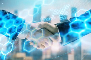 İki işadamı el sıkışması ile Cityscape arka planda çizim soyut teknoloji çift pozlama. İş içinde teknoloji rolü kavramı