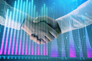 İki işadamı el sıkışması ile soyut arka planda Forex grafik Multi pozlama. Hisse senedi piyasasında başarı kavramı
