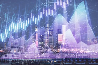 Moskova şehir merkezi arka planda mali grafik çift pozlama. Hisse senedi piyasası analizi konsepti