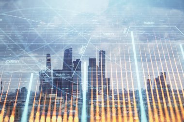 Şehir veiw arka planda mali grafik çift pozlama. Hisse senedi piyasası araştırma ve analiz kavramı