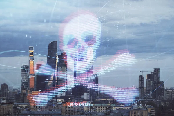 Double exposure of hacking theme drawing hologram on cityscape background. Concept of data cyber piracy