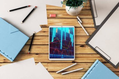 Dijital tablet ekranda mali grafik ile üst görünüm çekim. Online işlem uygulama konsepti. 3B işleme.