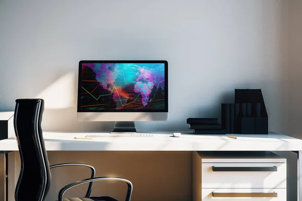 Interior de mesa do armário com gráficos financeiros e mapa do mundo na tela do computador. Conceito de análise de mercado internacional e negociação. Renderização 3d . — Fotografia de Stock