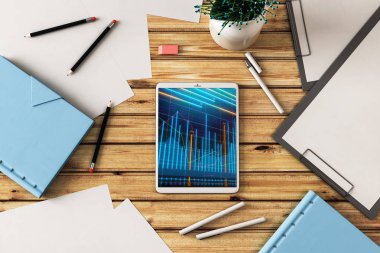 Dijital tablet ekranda mali grafik ile üst görünüm çekim. Online işlem uygulama konsepti. 3B işleme.