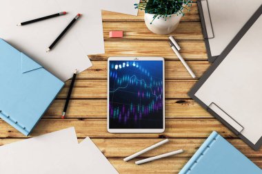 Dijital tablet ekranda mali grafik ile üst görünüm çekim. Online işlem uygulama konsepti. 3B işleme.