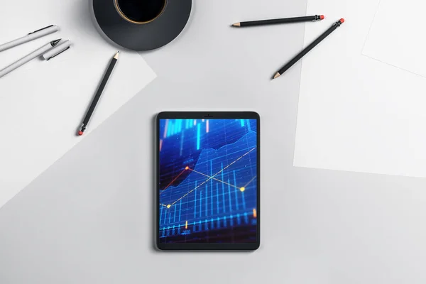 Digitale Tablet-Nahaufnahme von oben mit Finanzgrafik auf dem Bildschirm. Online-Handel Anwendungskonzept. 3D-Darstellung. — Stockfoto