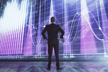 İşadamı ve forex grafik hologramı. Çifte pozlama. Finansal eğitim ve analiz kavramı