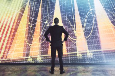 İşadamı ve forex grafik hologramı. Çifte pozlama. Finansal eğitim ve analiz kavramı