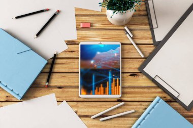 Dijital tablet ekranda mali grafik ile üst görünüm çekim. Online işlem uygulama konsepti. 3B işleme.