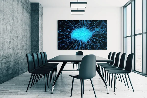 Konferans salonu nun iç mekanlarında insan beyni duvarda ekrana çizim yaptı. Beyin fırtınası konsepti. 3d render.