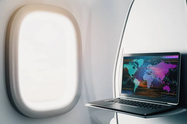 Laptop close up dentro do avião com gráfico forex e mapa do mundo na tela. Conceito de negociação de mercado financeiro. Renderização 3d . — Fotografia de Stock