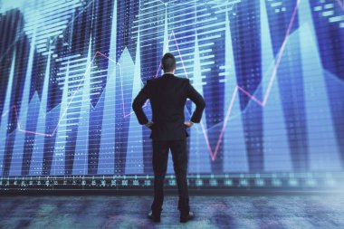 İşadamı ve forex grafiği ve dünya haritası hologramı. Çifte pozlama. Finansal eğitim ve analiz kavramı