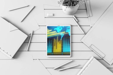 Dijital tablet çekim üst görünümü ile mali grafik ve kısmi Dünya Haritası ekranda. Online uluslararası ticaret uygulama kavramı. 3B işleme.