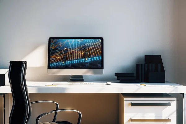 Kabinet bureaublad interieur met financiële grafieken en grafieken op het computerscherm. Concept van beurs analyse en handel. 3D-rendering. — Stockfoto